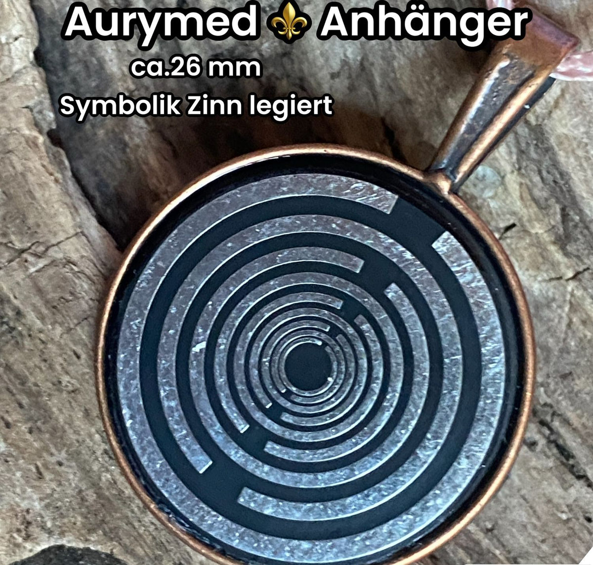 Amulett – kupferfarbend (kein Kupfer), Lakhovsky MWODisc in schwarz, 25 mm, zinnlegiert, kupferunterlegt – Produktansicht 1