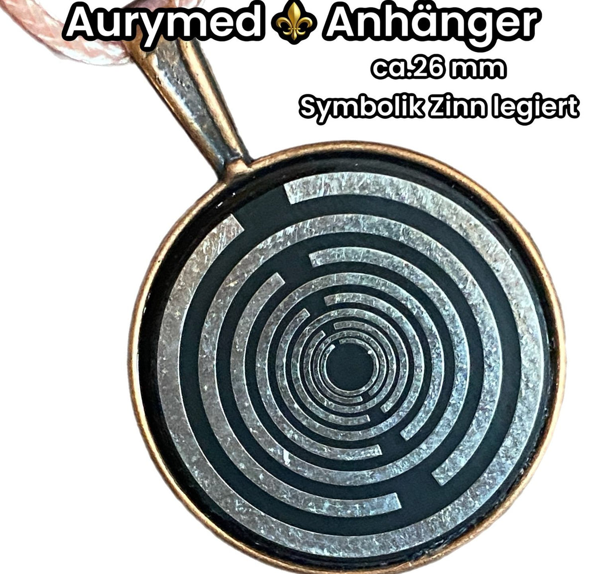 Amulett – kupferfarbend (kein Kupfer), Lakhovsky MWODisc in schwarz, 25 mm, zinnlegiert, kupferunterlegt – Produktansicht 1