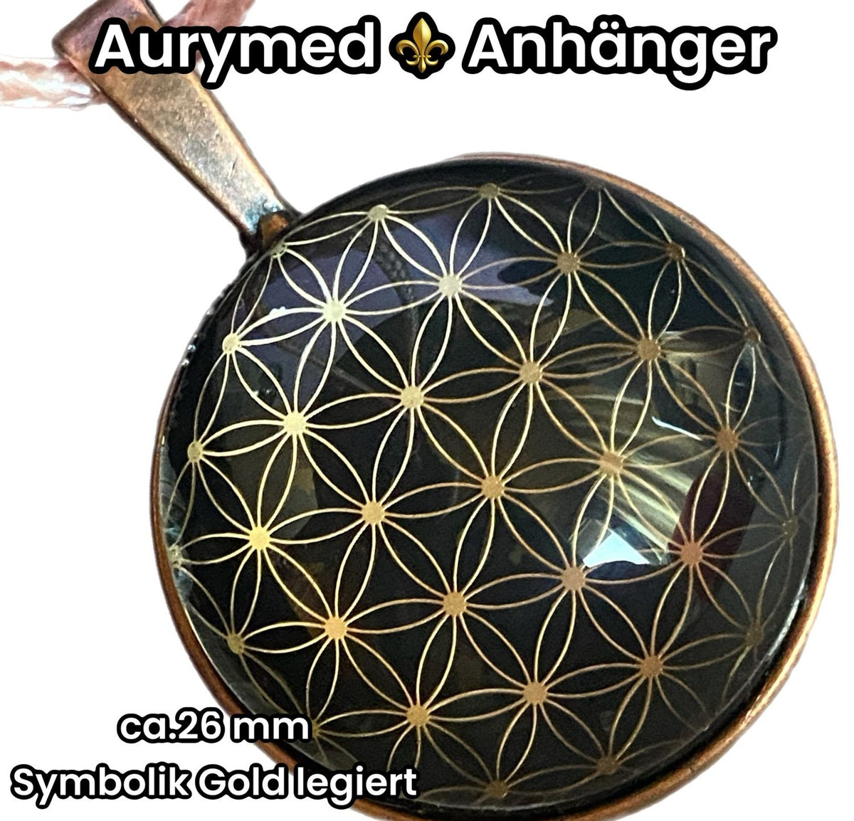 Amulett – kupferfarbend (kein Kupfer) – Blume des Lebens – 25 mm / goldlegiert / schwarz – Produktansicht 1
