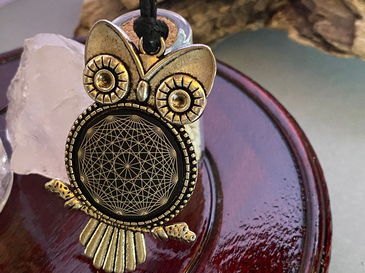 Amulett – Krafttier Eule – Dodecagram – zinnlegiert / nachtschwarz – Produktansicht 1