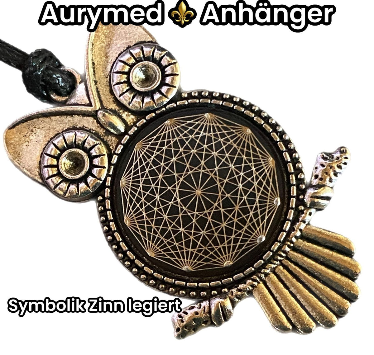 Amulett – Krafttier Eule – Dodecagram – zinnlegiert / nachtschwarz – Produktansicht 1