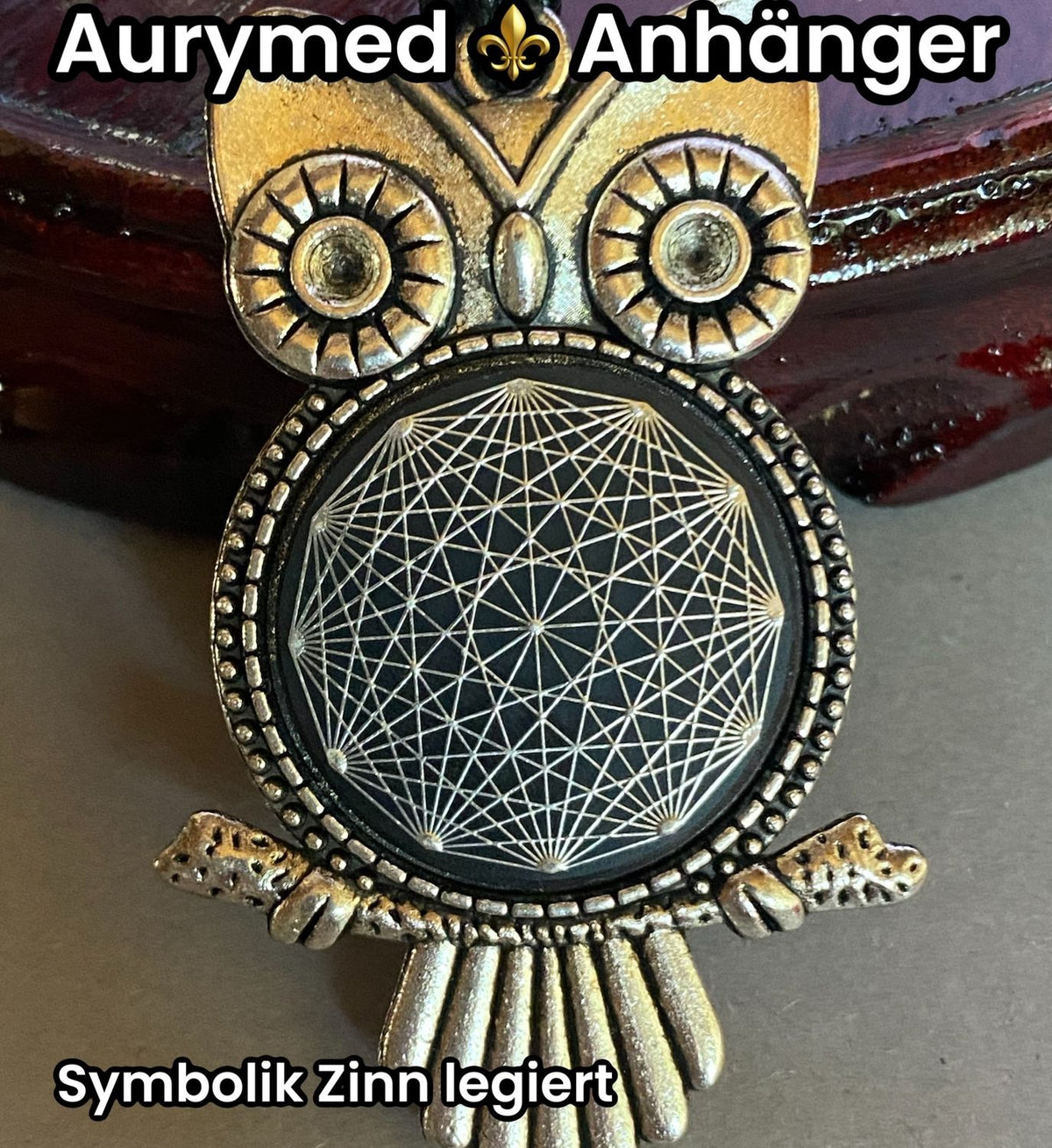 Amulett – Krafttier Eule – Dodecagram – zinnlegiert / nachtschwarz – Produktansicht 1