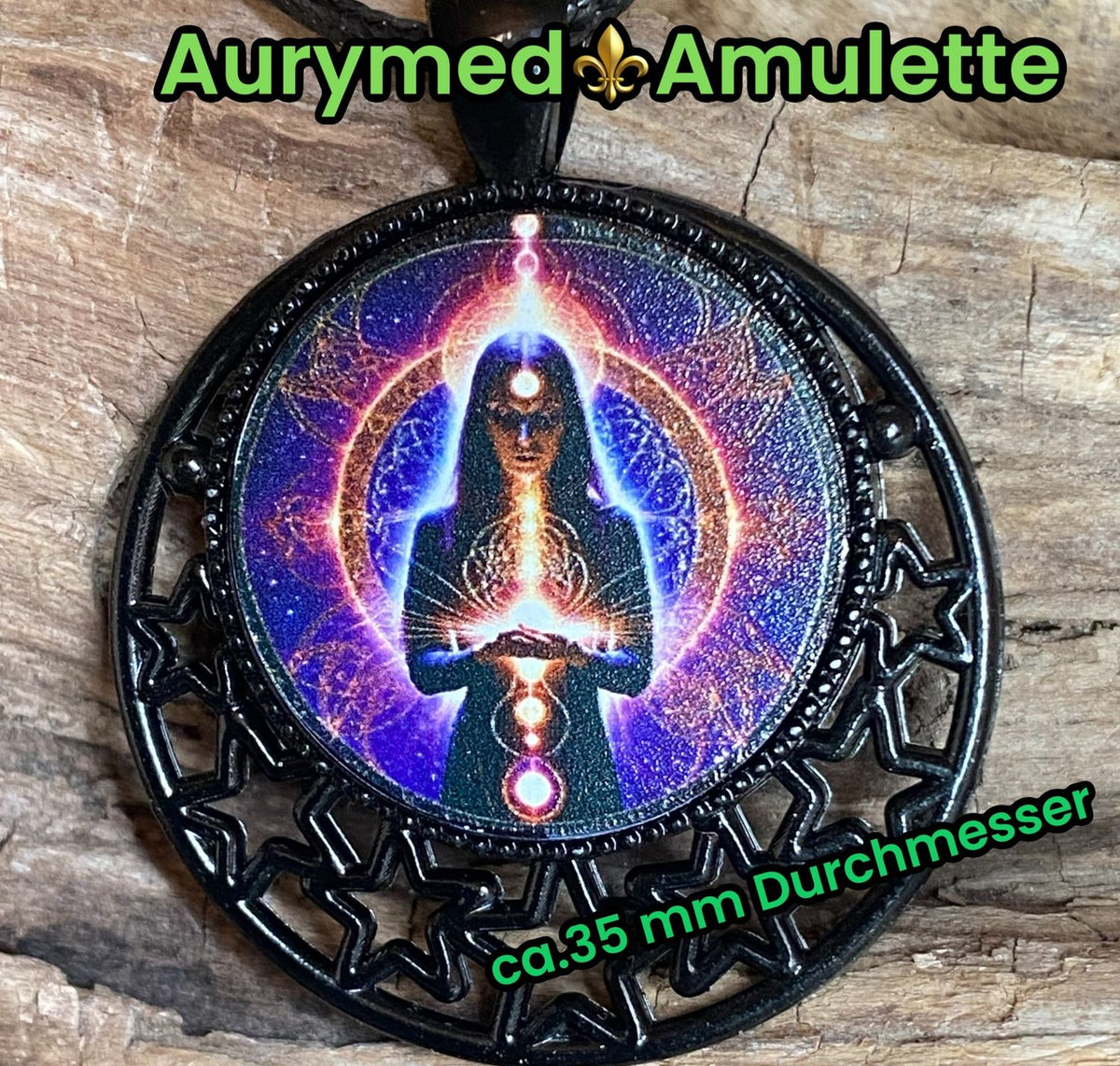 Amulett – lila flieder, Mystik, Wicca Magier Zauberin Chakren Queen, Disc in bunt, 25 mm, kupferunterlegt – Produktansicht 1