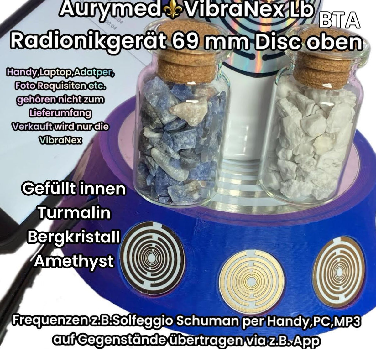 69 mm VibraNex UFO, Farbverlauf, Oberflächenplatte zinnlegiert, Füllung Turmalin, Bergkristall, Amethyst – Produktansicht 1