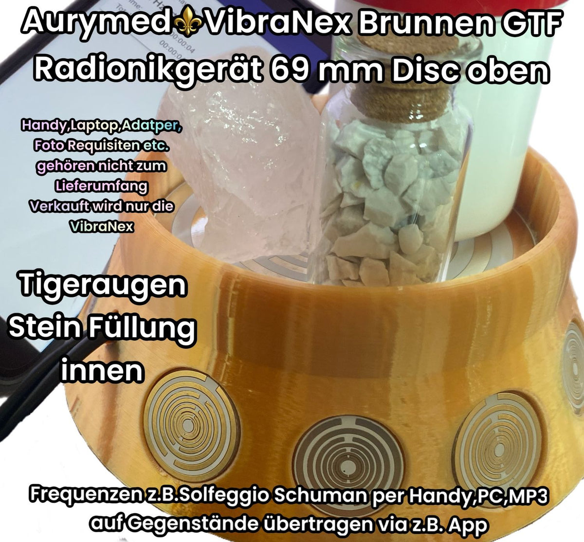 69 mm VibraNex Brunnen, 1-farbig, Oberflächenplatte zinnlegiert, Füllung Tigeraugen – Produktansicht 1