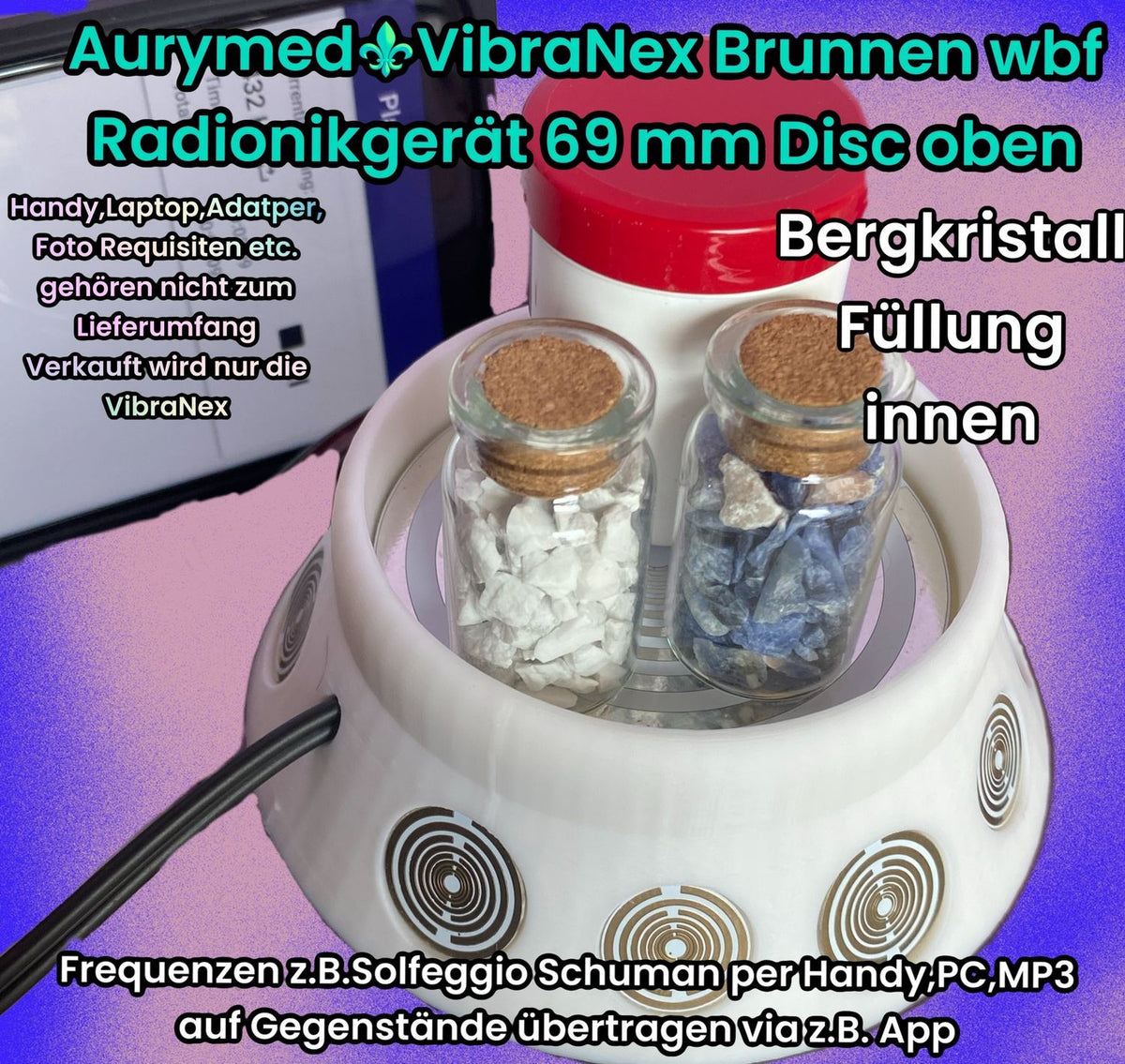 69 mm VibraNex Brunnen, 1-farbig, Oberflächensymbolik zinnlegiert, Füllung Bergkristall – Produktansicht 1