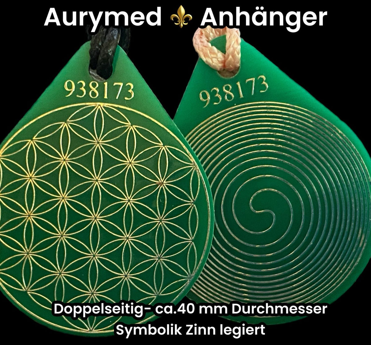 Anhänger Blume des Lebens – Bifilar Spule, grün, ca. 40 mm x 48 mm, zinnlegiert – Produktansicht 1