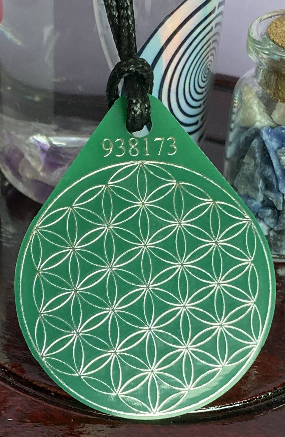 Anhänger Blume des Lebens – Bifilar Spule, grün, ca. 40 mm x 48 mm, zinnlegiert – Produktansicht 1