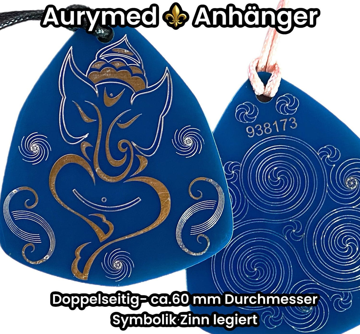 Amulett – Disc – Ganesha der Glücksbote+ die – 69 mm / zinnlegiert / blau – Produktansicht 1