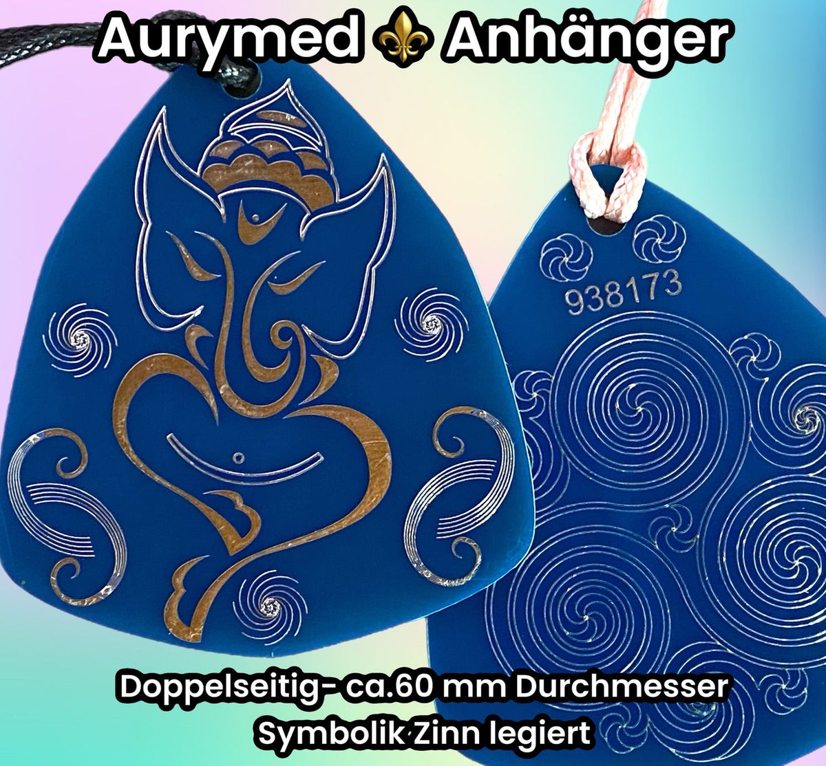 Amulett – Disc – Ganesha der Glücksbote+ die – 69 mm / zinnlegiert / blau – Produktansicht 1