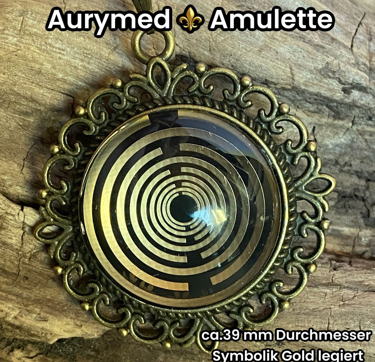 Amulett – bronzefarben, Lakhovsky MWOn Symbol, Disc in schwarz 25 mm, goldlegiert, kupferunterlegt – Produktansicht 1