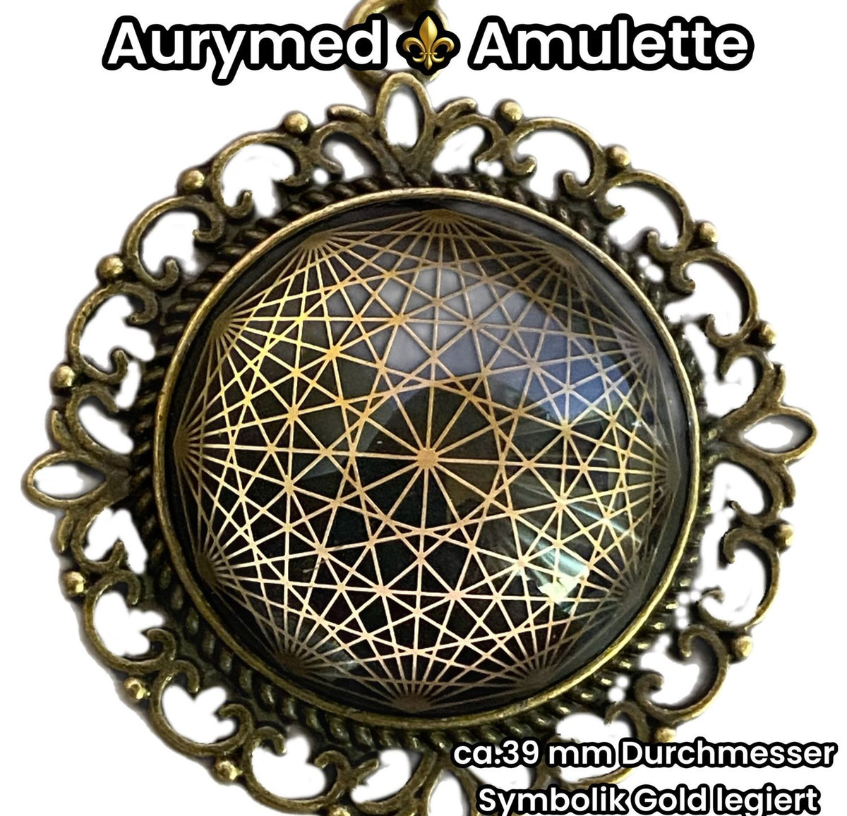 Amulett – bronzefarben, Dodecagram 12 – er Stern, Disc in schwarz 25 mm, goldlegiert, kupferunterlegt – Produktansicht 1