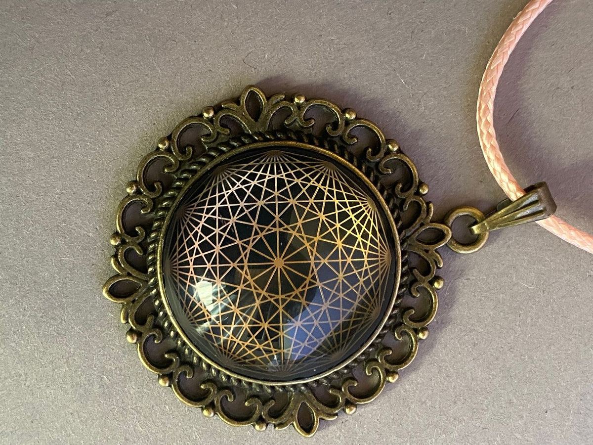 Amulett – bronzefarben, Dodecagram 12 – er Stern, Disc in schwarz 25 mm, goldlegiert, kupferunterlegt – Produktansicht 1