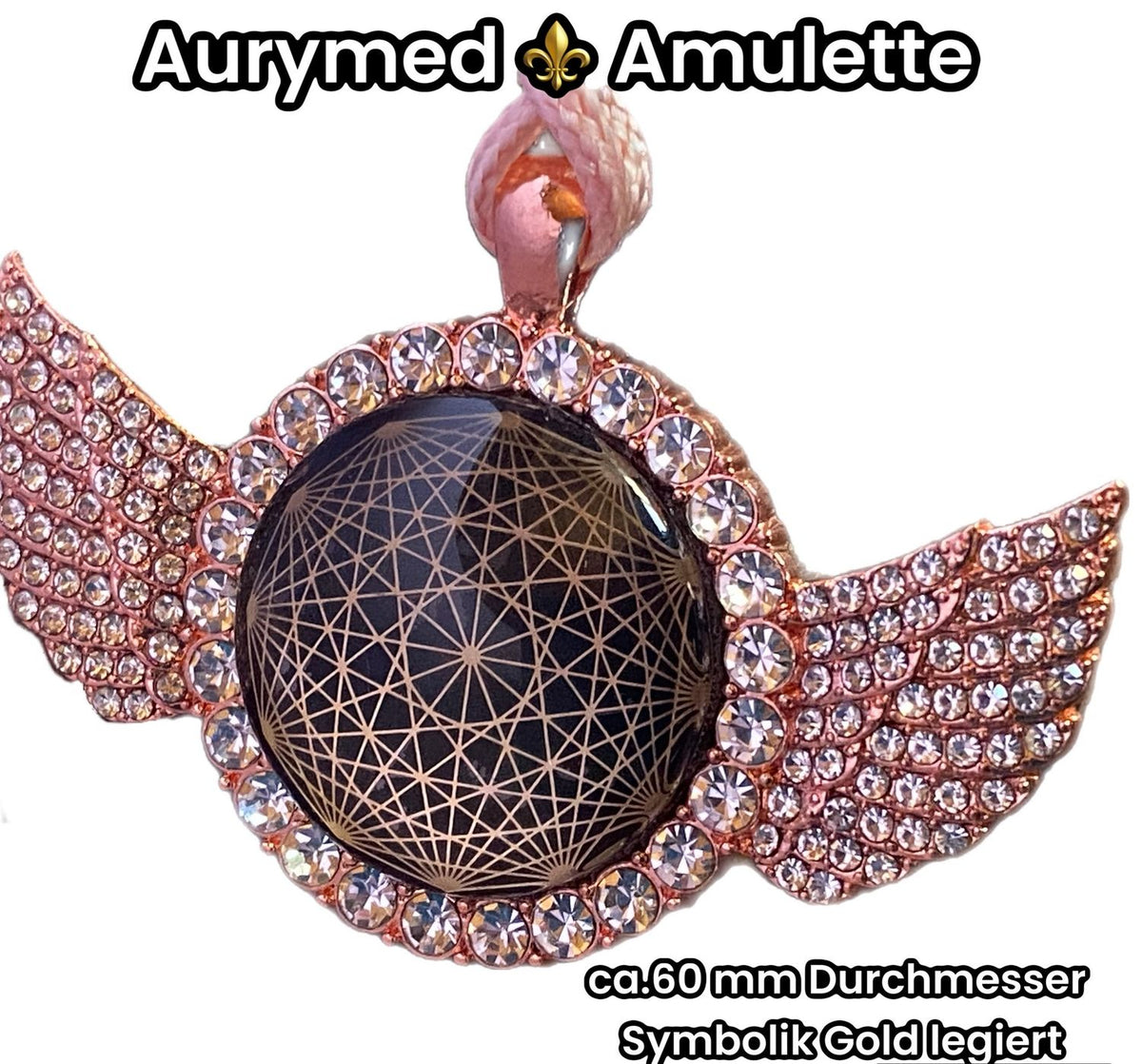 Amulett – glamour – Dodecagram – 25 mm / goldlegiert / Fassung altrose Engelsflügel – Produktansicht 1