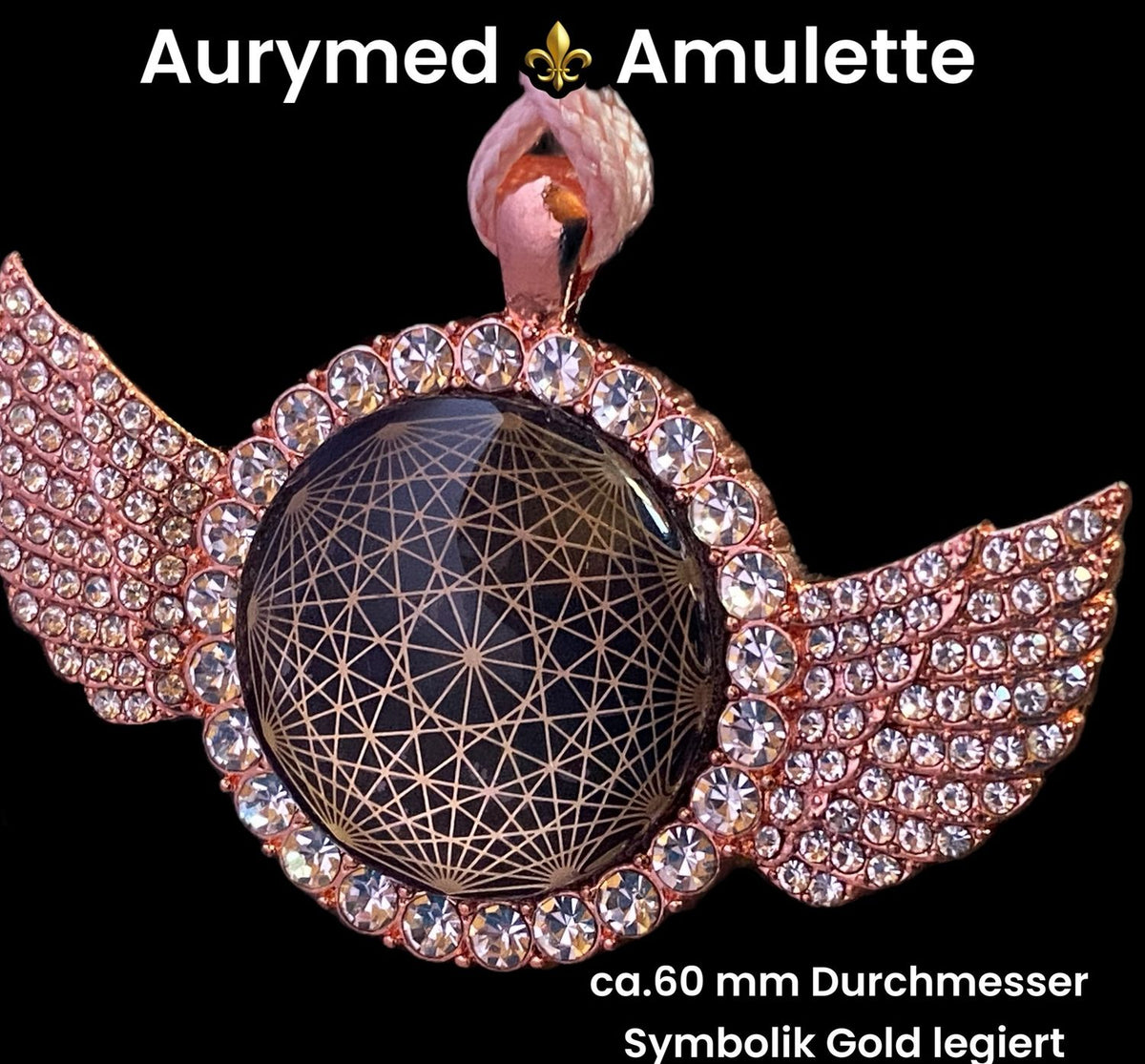 Amulett – glamour – Dodecagram – 25 mm / goldlegiert / Fassung altrose Engelsflügel – Produktansicht 1