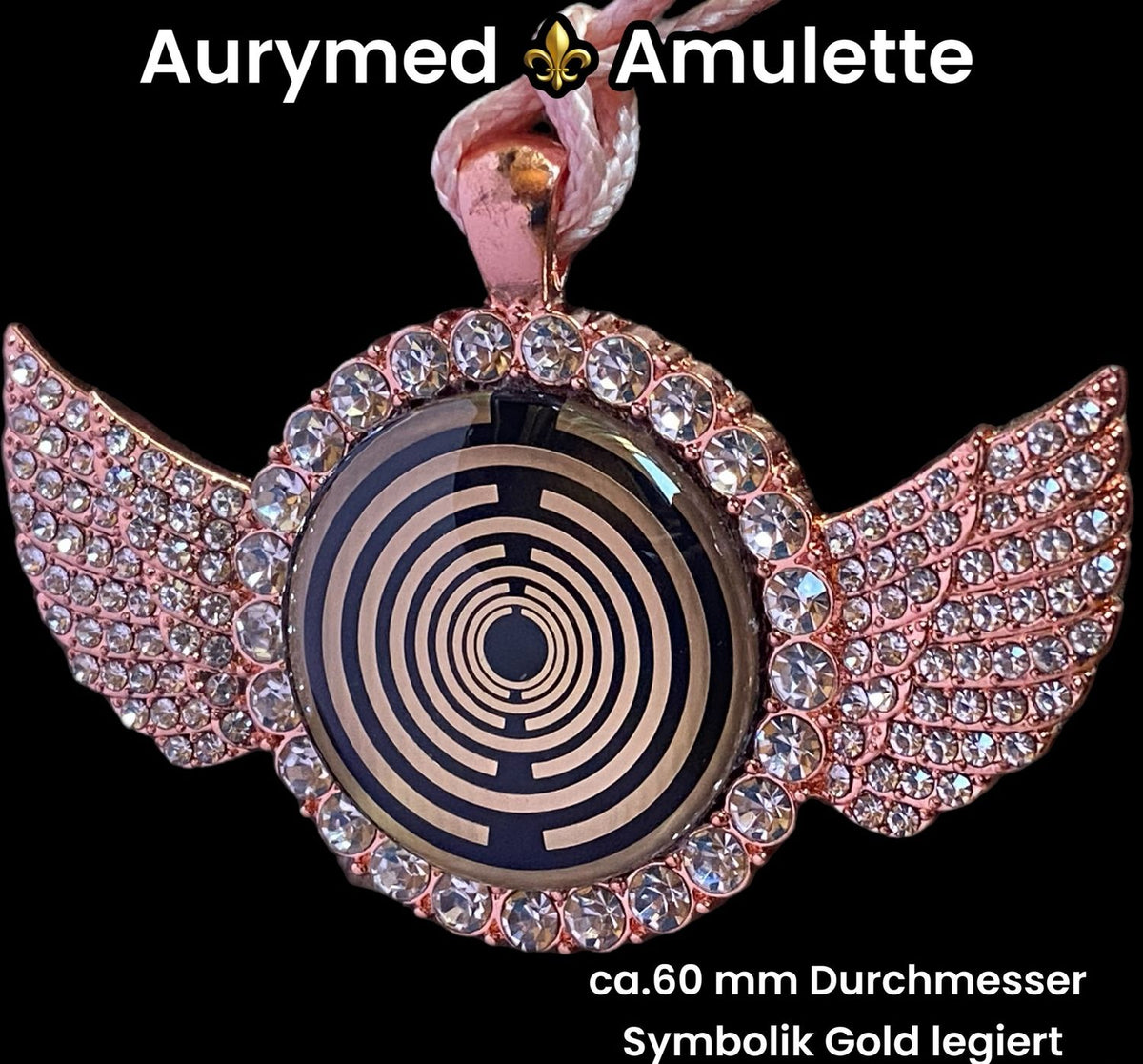 Amulett – glamour – Lakhovsky MWO – 25 mm / goldlegiert / Fassung altrose Farbe Engelsflügel – Produktansicht 1