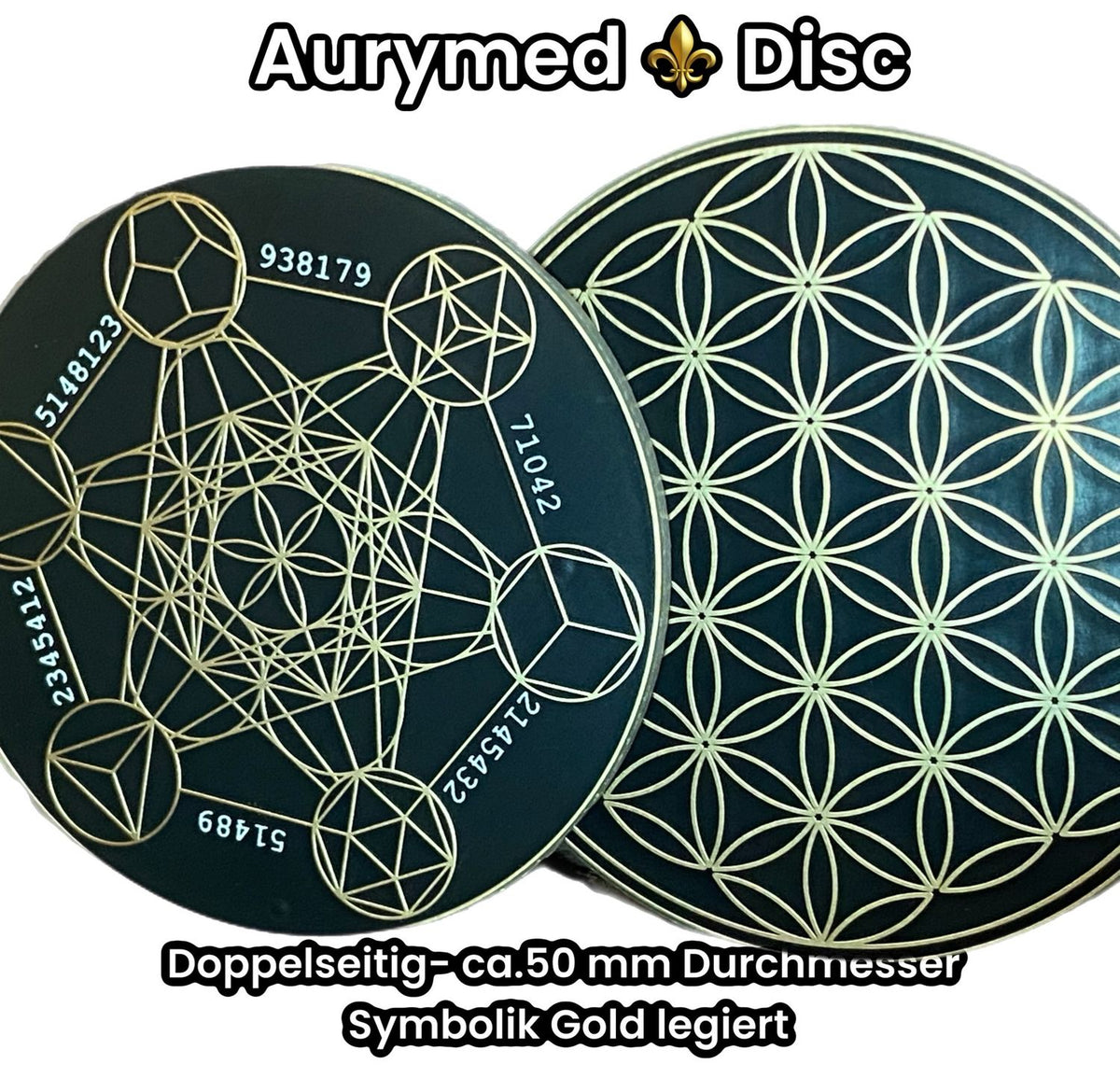 50 mm Disc – Metatron + Blume des Lebens – goldlegiert / schwarz – Produktansicht 1