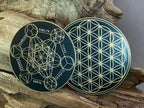 50 mm Disc – Metatron + Blume des Lebens – goldlegiert / schwarz – Produktansicht 1