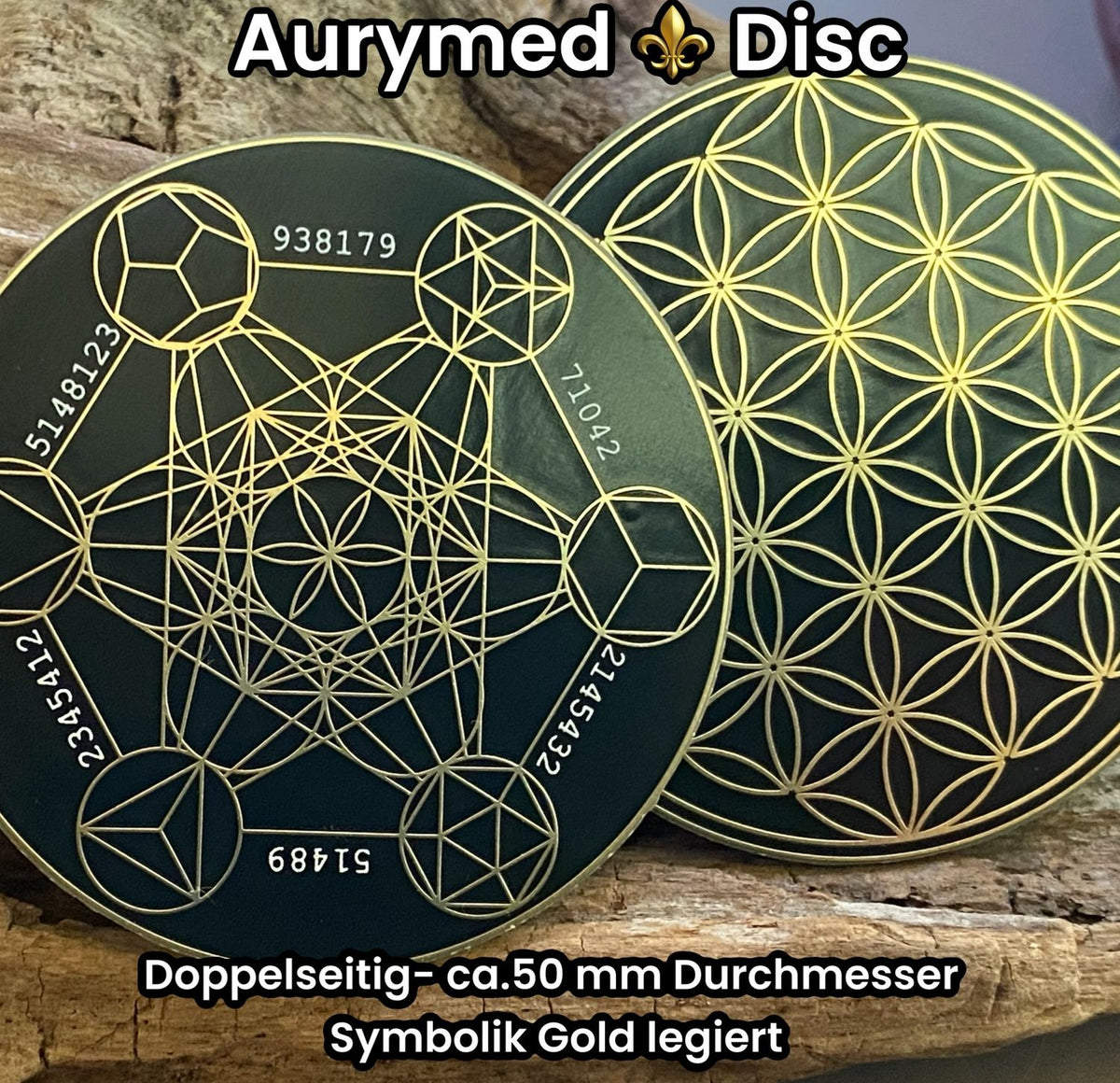 50 mm Disc – Metatron + Blume des Lebens – goldlegiert / schwarz – Produktansicht 1