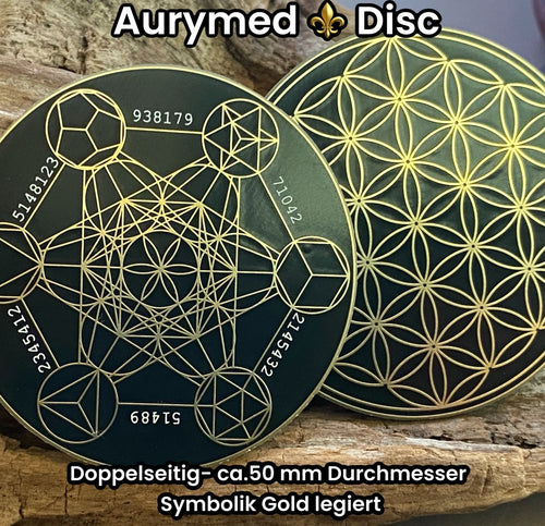 50 mm Disc – Metatron + Blume des Lebens – goldlegiert / schwarz – Produktansicht 1