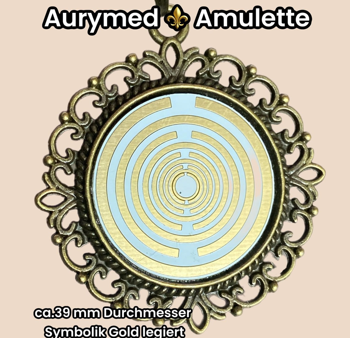 Amulett – bronzefarben, Lakhovsky MWOn Symbol, Disc in weiß 25 mm, goldlegiert, kupferunterlegt – Produktansicht 1