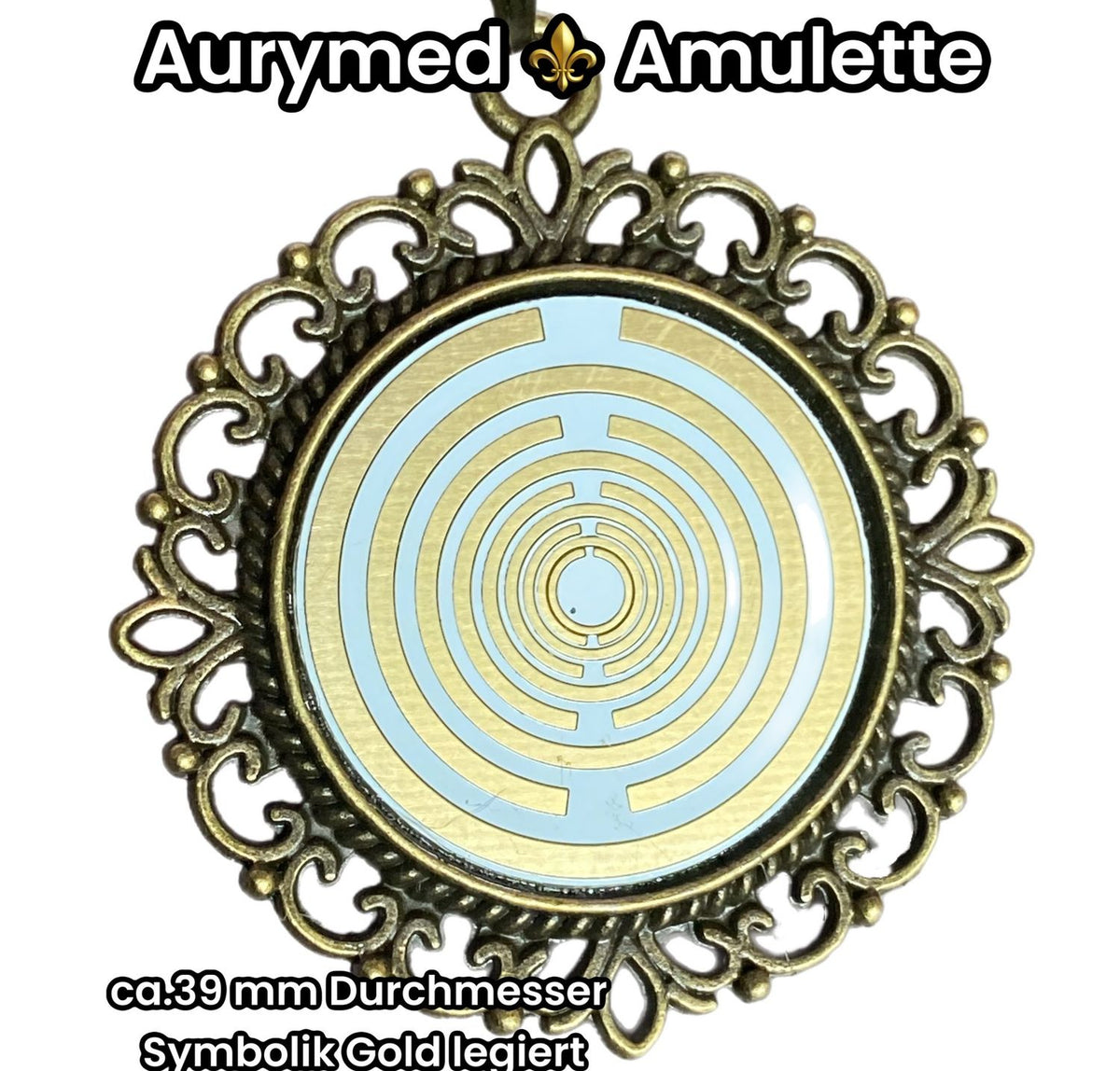 Amulett – bronzefarben, Lakhovsky MWOn Symbol, Disc in weiß 25 mm, goldlegiert, kupferunterlegt – Produktansicht 1