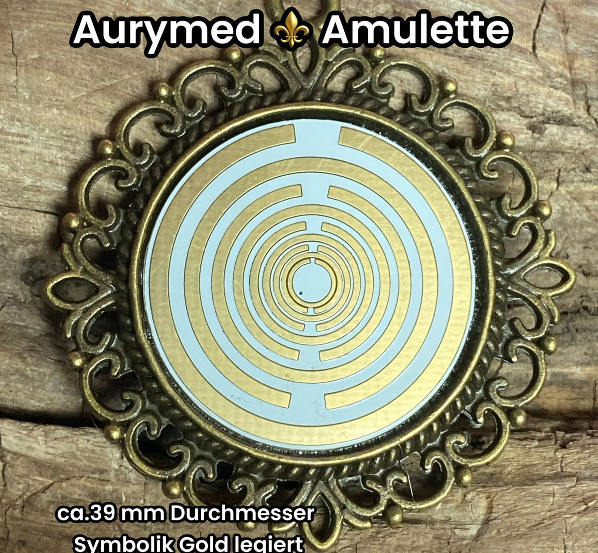 Amulett – bronzefarben, Lakhovsky MWOn Symbol, Disc in weiß 25 mm, goldlegiert, kupferunterlegt – Produktansicht 1