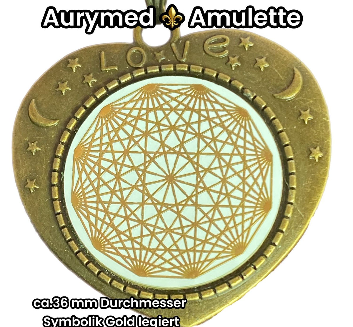 Amulett – bronzefarben, Lakhovsky MWOn Symbol, Disc in weiß 25 mm, goldlegiert, kupferunterlegt – Produktansicht 1
