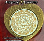 Amulett – bronzefarben, Lakhovsky MWOn Symbol, Disc in weiß 25 mm, goldlegiert, kupferunterlegt – Produktansicht 1