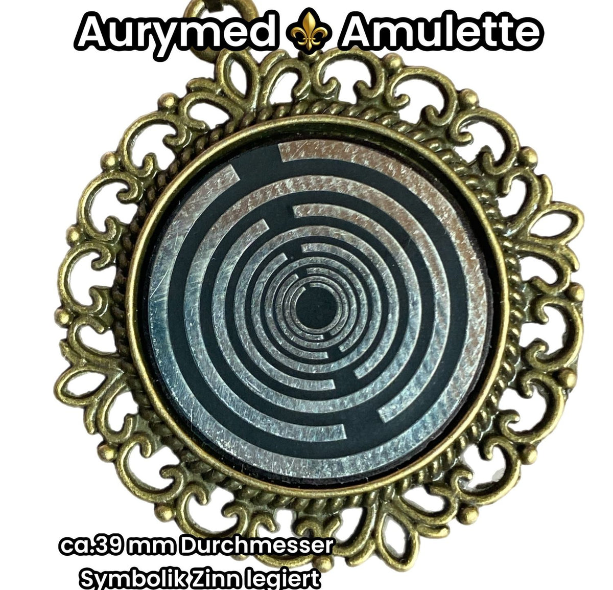 Amulett – bronzefarben, Lakhovsky MWOn Symbol, Disc in schwarz 25 mm, zinnlegiert, kupferunterlegt – Produktansicht 1