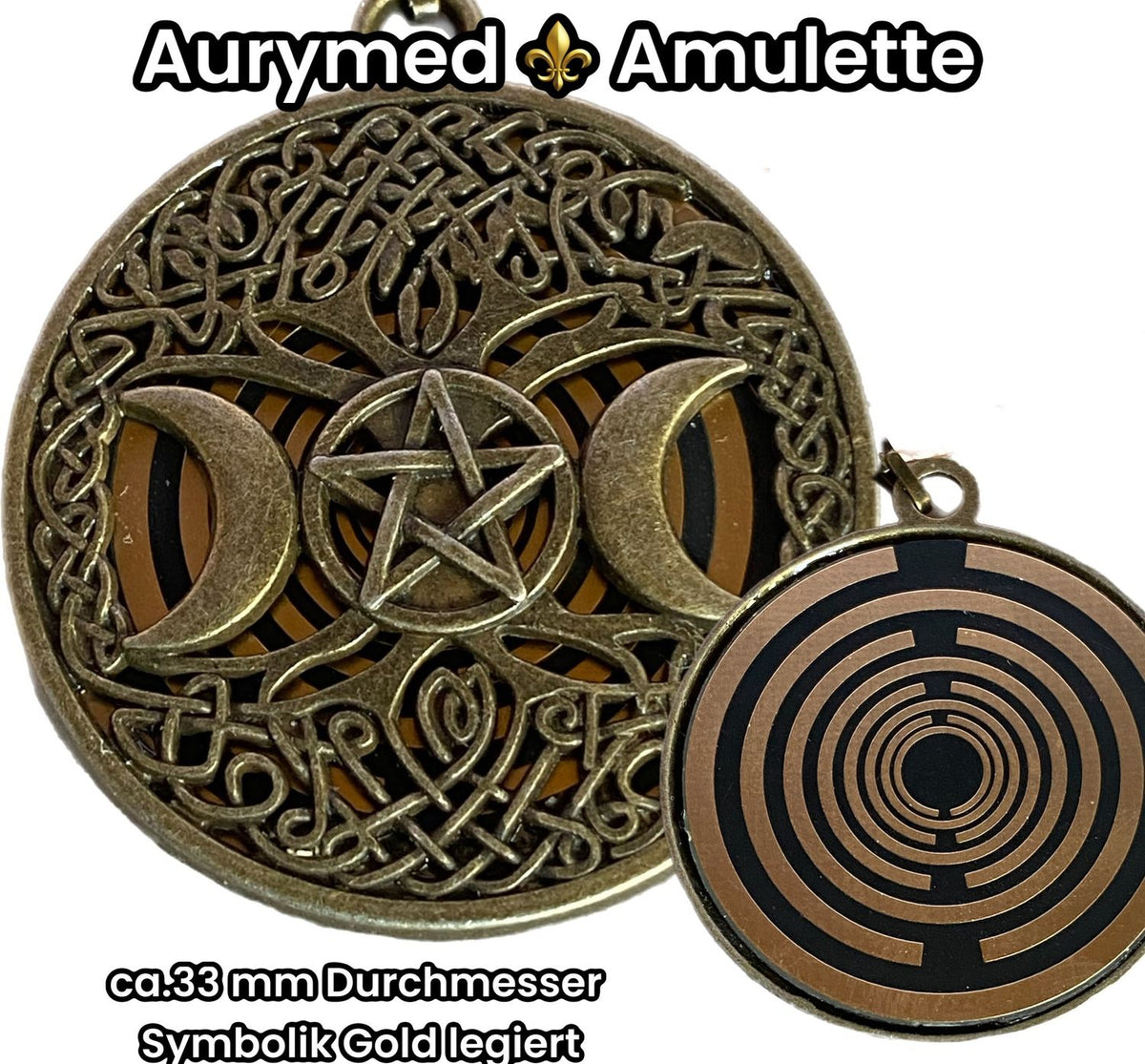 Amulett – bronzefarben, Wicca, Lakhovsky MWO, Disc in schwarz, goldlegiert, kupferunterlegt – Produktansicht 1