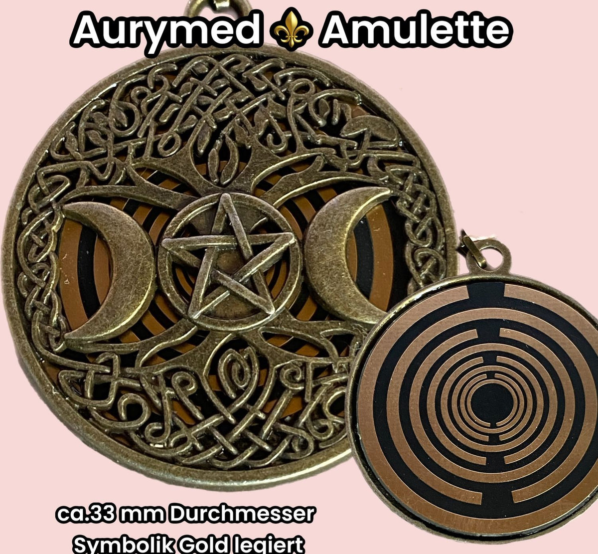 Amulett – bronzefarben, Wicca, Lakhovsky MWO, Disc in schwarz, goldlegiert, kupferunterlegt – Produktansicht 1