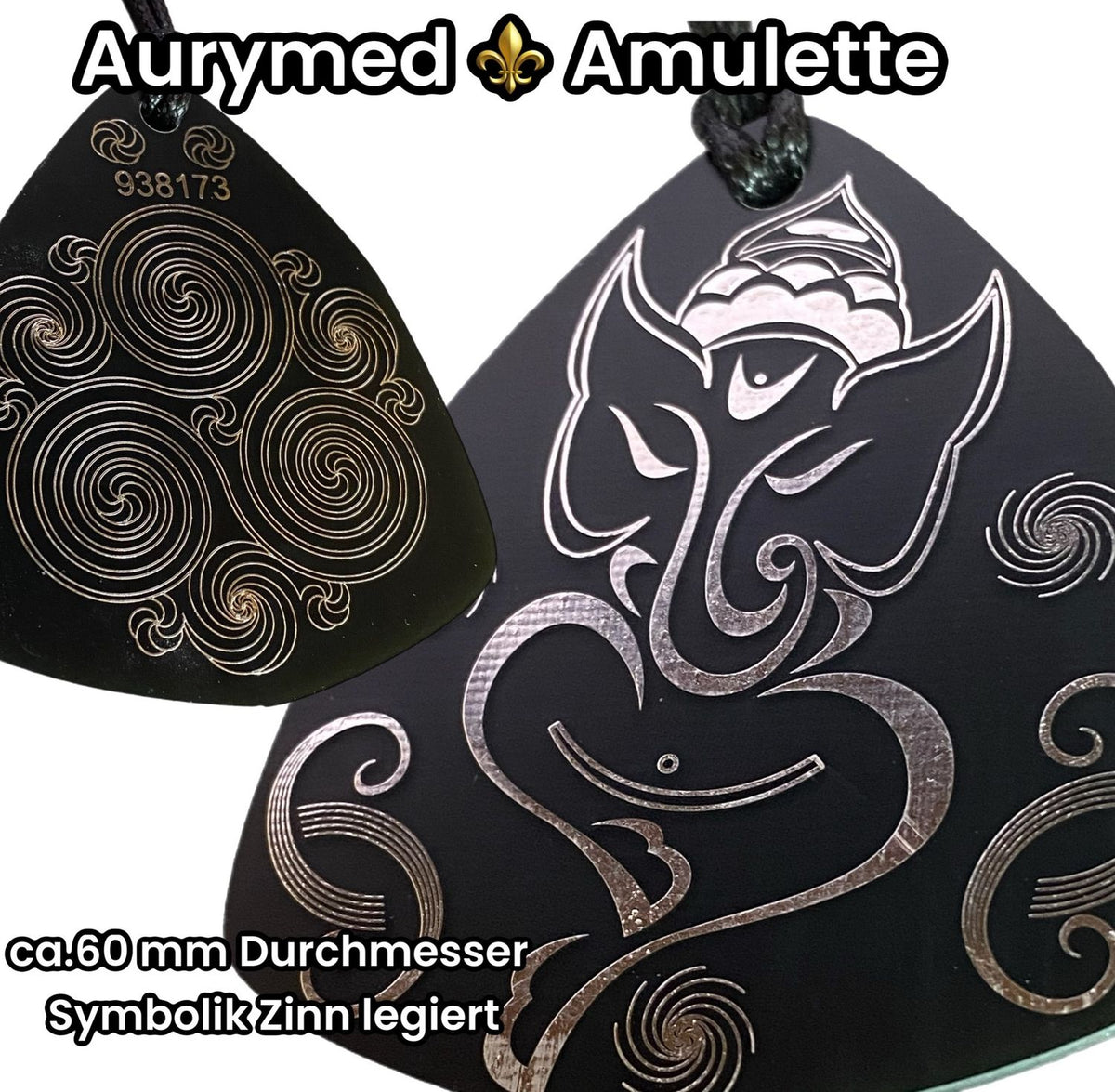 Amulett – Disc – Ganesha der Glücksbote+ die – 69 mm / zinnlegiert / schwarz – Produktansicht 1