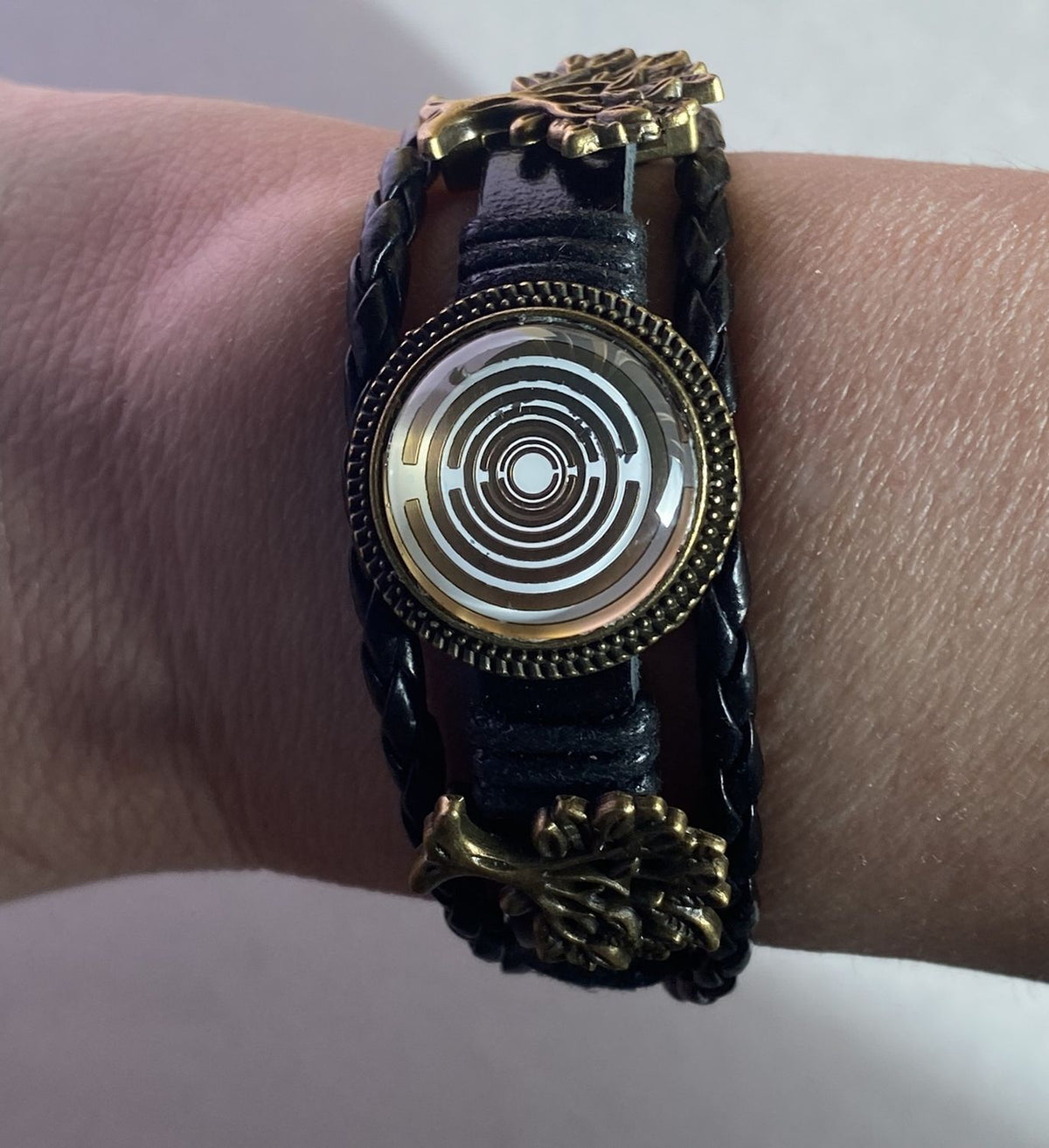 Armband-mehrsträngig, Baum des Lebens, schwarz, Symbol Lakhovsky MWO Schwingkreis Oszillator Antenne (stromlos), weiße Disc g