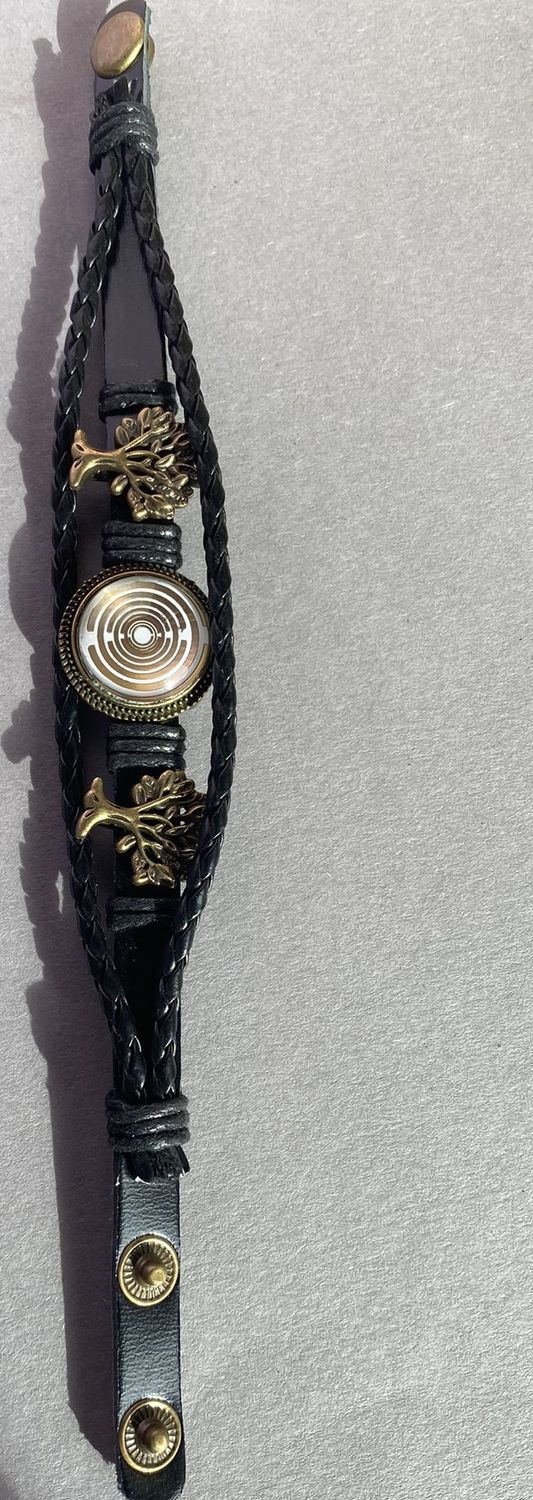 Armband-mehrsträngig, Baum des Lebens, schwarz, Symbol Lakhovsky MWO Schwingkreis Oszillator Antenne (stromlos), weiße Disc gold legiert + Kupfer unterlegt ca. 18 mm hinter Glas