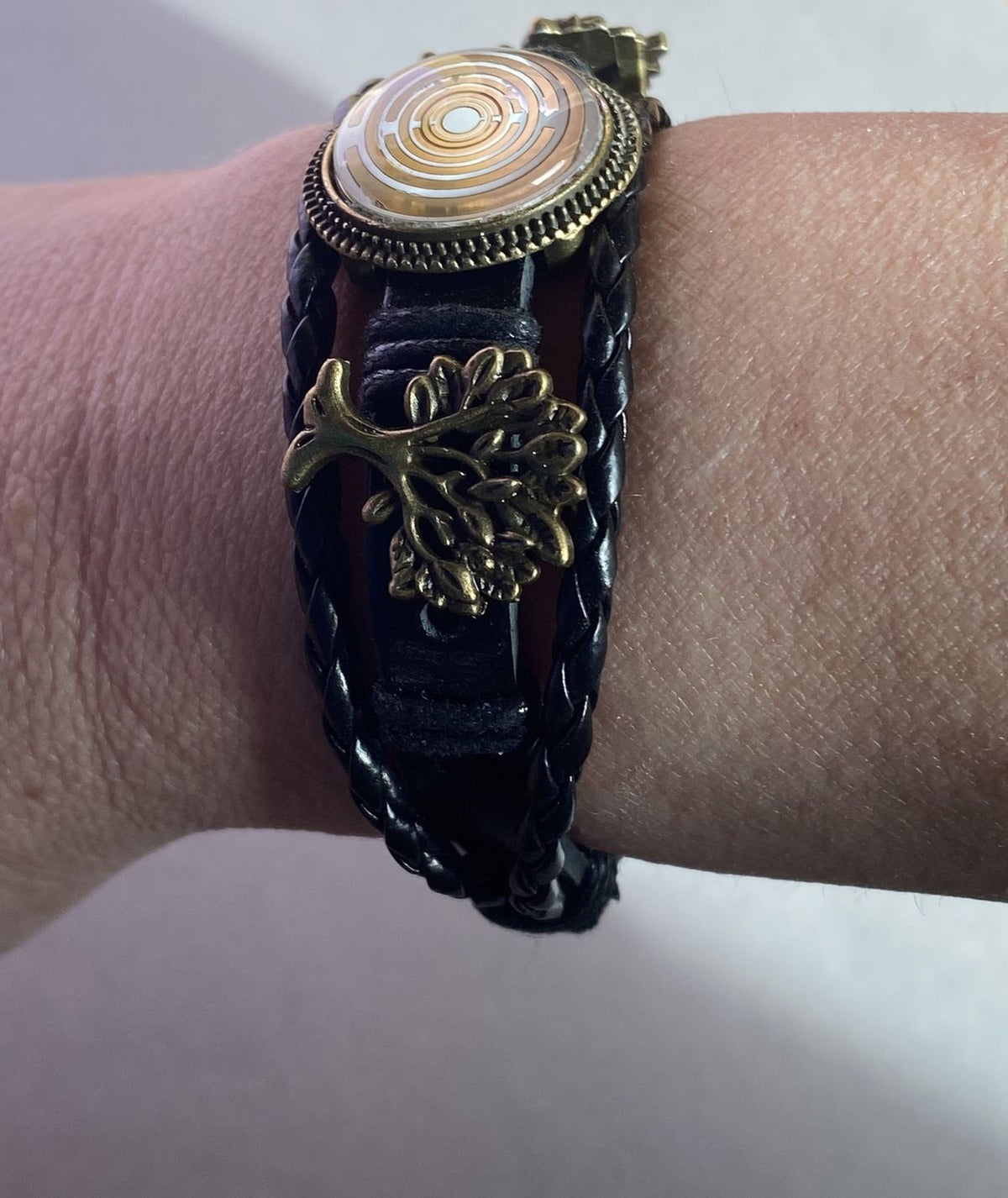 Armband-mehrsträngig, Baum des Lebens, schwarz, Symbol Lakhovsky MWO Schwingkreis Oszillator Antenne (stromlos), weiße Disc g