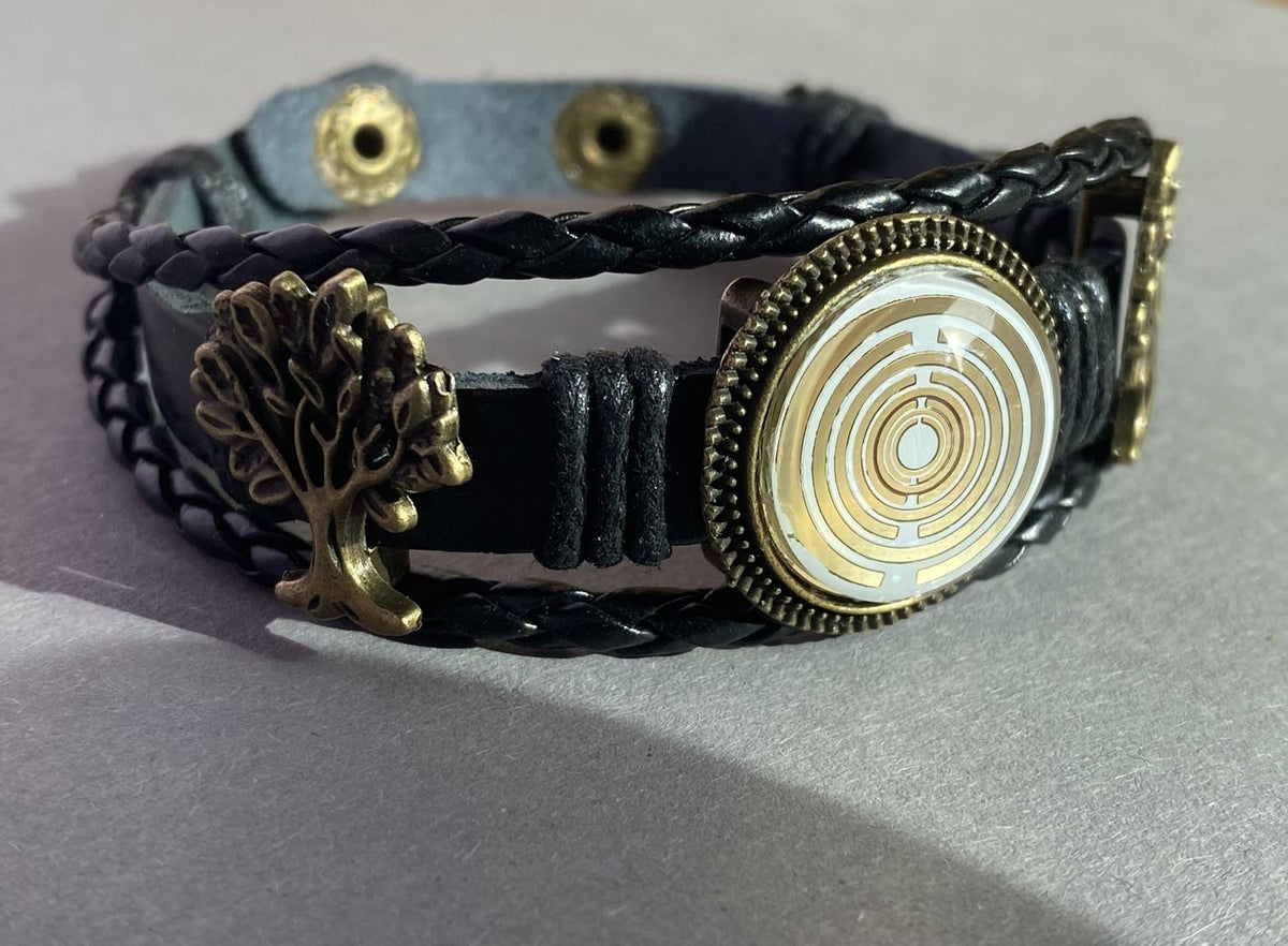 Armband-mehrsträngig, Baum des Lebens, schwarz, Symbol Lakhovsky MWO Schwingkreis Oszillator Antenne (stromlos), weiße Disc g