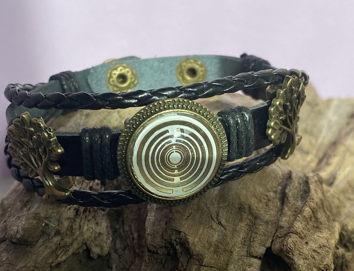Armband-mehrsträngig, Baum des Lebens, schwarz, Symbol Lakhovsky MWO Schwingkreis Oszillator Antenne (stromlos), weiße Disc g