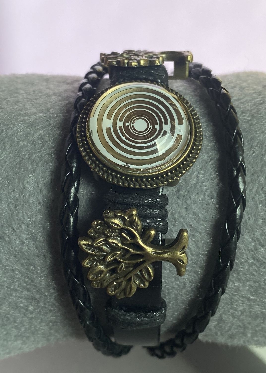 Armband-mehrsträngig, Baum des Lebens, schwarz, Symbol Lakhovsky MWO Schwingkreis Oszillator Antenne (stromlos), weiße Disc g