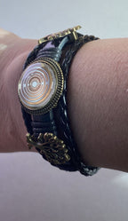 Armband-mehrsträngig, Baum des Lebens, schwarz, Symbol Lakhovsky MWO Schwingkreis Oszillator Antenne (stromlos), weiße Disc gold legiert + Kupfer unterlegt ca. 18 mm hinter Glas