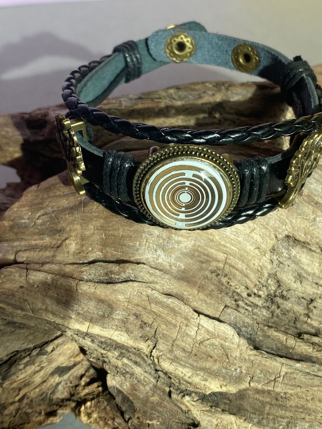 Armband-mehrsträngig, Baum des Lebens, schwarz, Symbol Lakhovsky MWO Schwingkreis Oszillator Antenne (stromlos), weiße Disc g