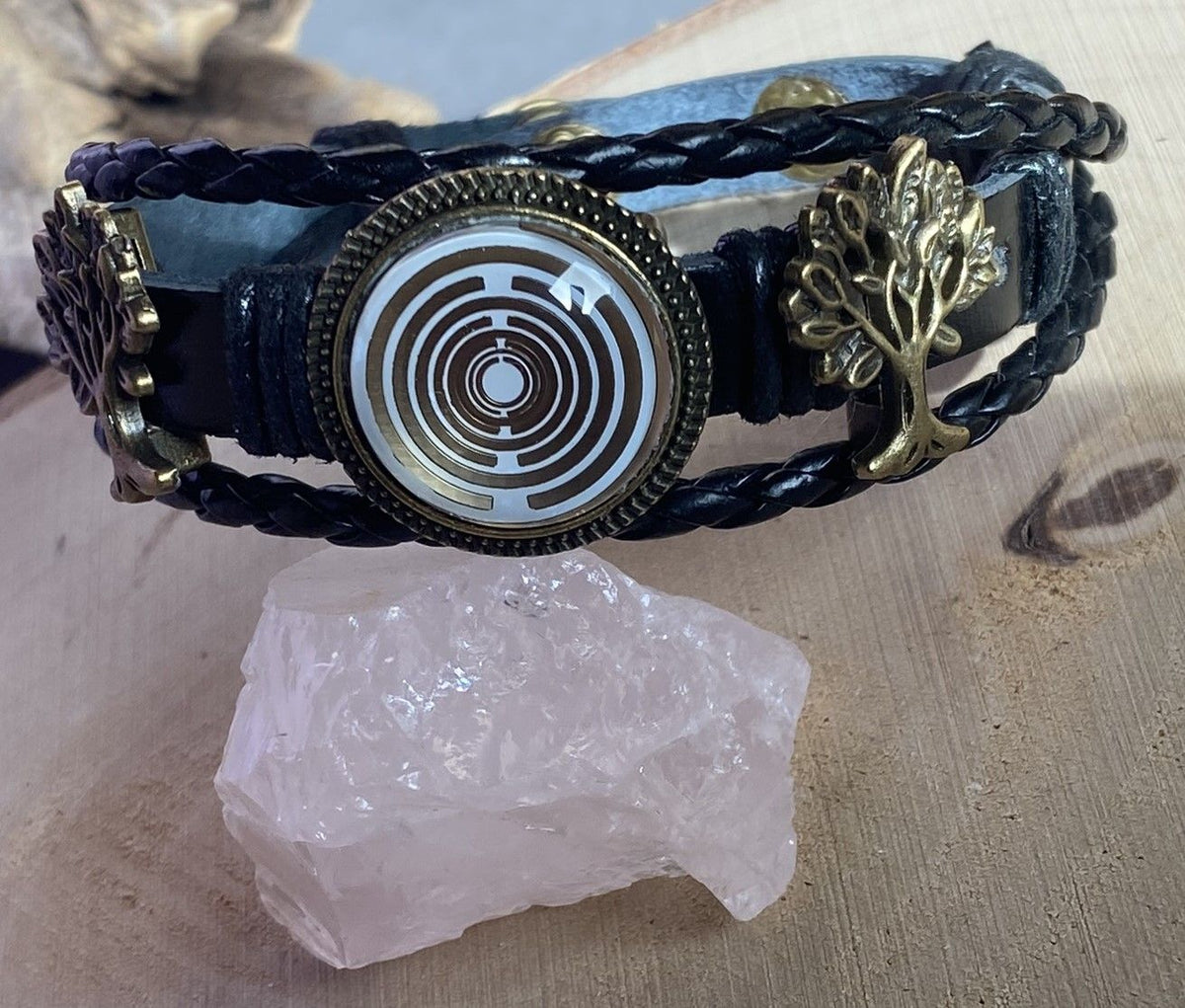 Armband-mehrsträngig, Baum des Lebens, schwarz, Symbol Lakhovsky MWO Schwingkreis Oszillator Antenne (stromlos), weiße Disc g