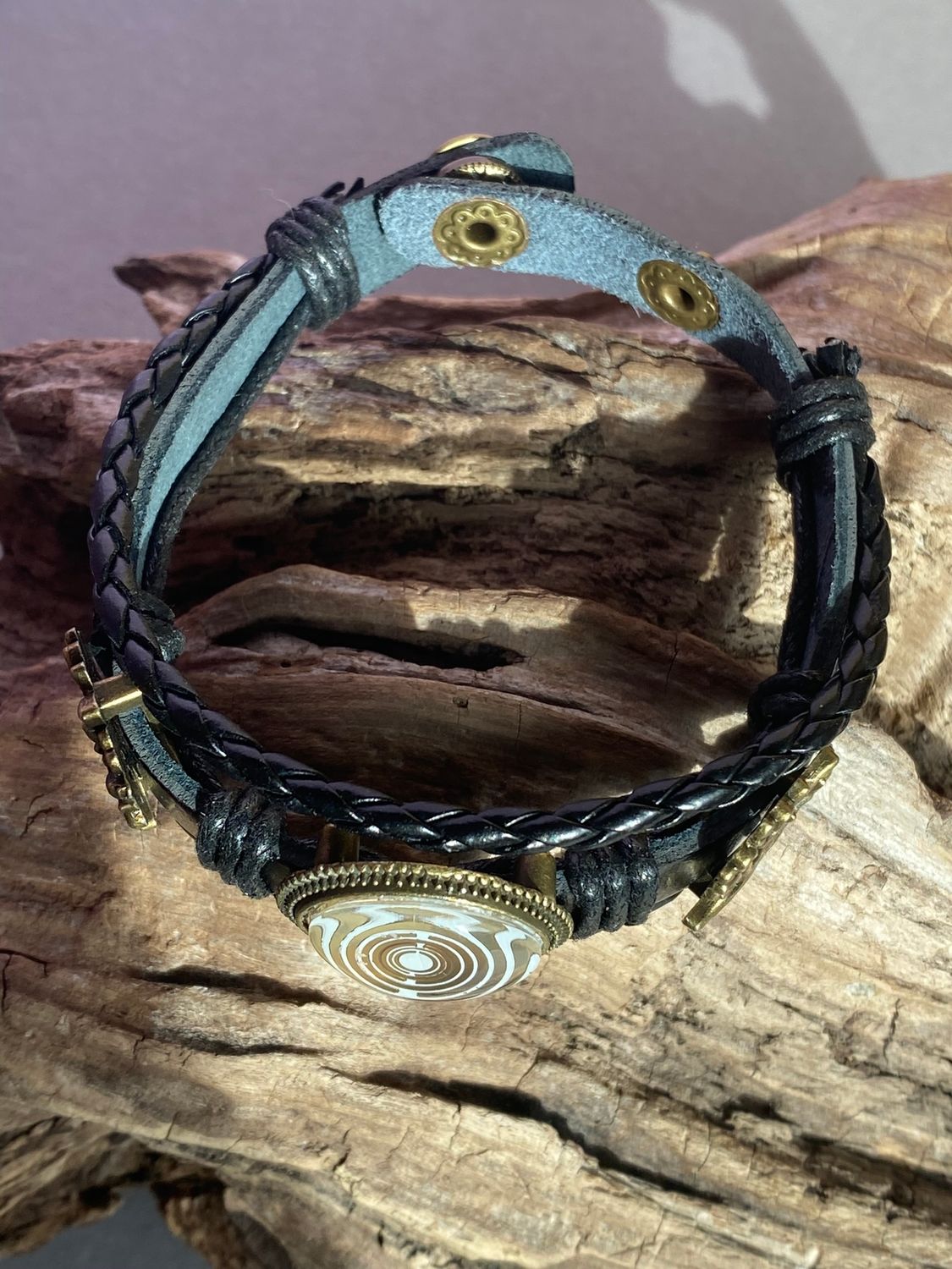 Armband-mehrsträngig, Baum des Lebens, schwarz, Symbol Lakhovsky MWO Schwingkreis Oszillator Antenne (stromlos), weiße Disc g