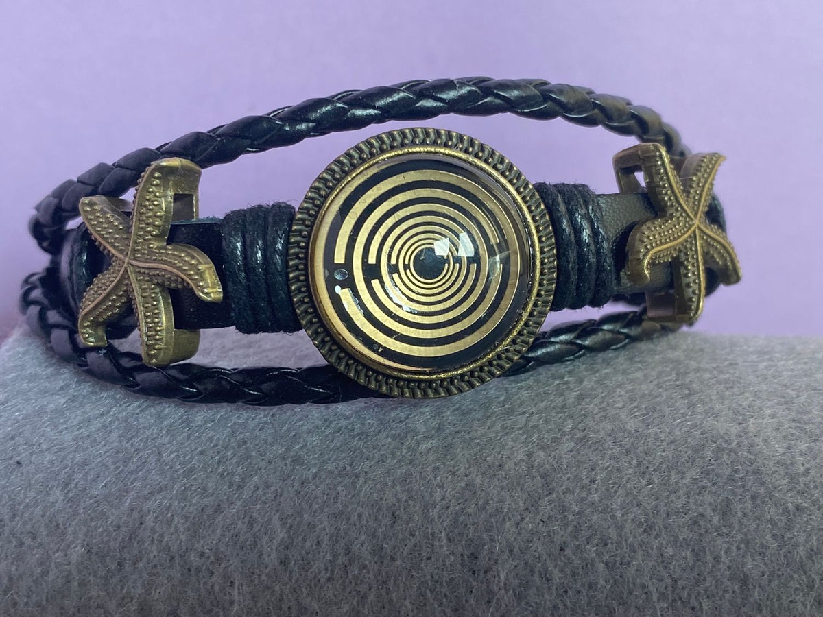 Armband-mehrsträngig, Seestern, schwarz, Symbol Lakhovsky MWO Schwingkreis Oszillator Antenne (stromlos), schwarze Disc gold legiert + Kupfer unterlegt ca. 18 mm hinter Glas, Druckknopf Verschluss