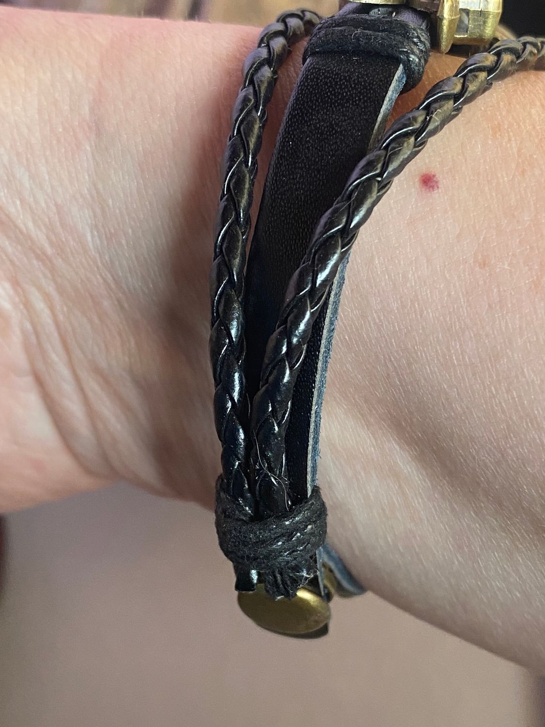 Armband-mehrsträngig, Seestern, schwarz, Symbol Lakhovsky MWO Schwingkreis Oszillator Antenne (stromlos), weiße Disc gold legiert + Kupfer unterlegt ca. 18 mm hinter Glas, Druckknopf Verschluss