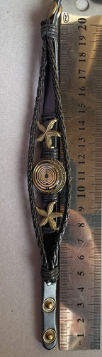 Armband-mehrsträngig, Seestern, schwarz, Symbol Lakhovsky MWO Schwingkreis Oszillator Antenne (stromlos), schwarze Disc gold legiert + Kupfer unterlegt ca. 18 mm hinter Glas, Druckknopf Verschluss