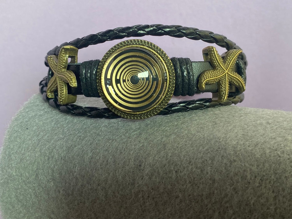 Armband-mehrsträngig, Seestern, schwarz, Symbol Lakhovsky MWO Schwingkreis Oszillator Antenne (stromlos), schwarze Disc gold legiert + Kupfer unterlegt ca. 18 mm hinter Glas, Druckknopf Verschluss