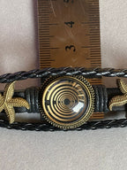 Armband-mehrsträngig, Seestern, schwarz, Symbol Lakhovsky MWO Schwingkreis Oszillator Antenne (stromlos), schwarze Disc gold legiert + Kupfer unterlegt ca. 18 mm hinter Glas, Druckknopf Verschluss