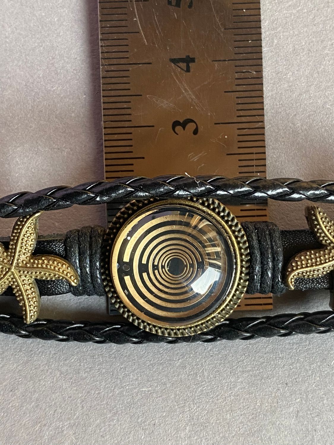 Armband-mehrsträngig, Seestern, schwarz, Symbol Lakhovsky MWO Schwingkreis Oszillator Antenne (stromlos), schwarze Disc gold legiert + Kupfer unterlegt ca. 18 mm hinter Glas, Druckknopf Verschluss