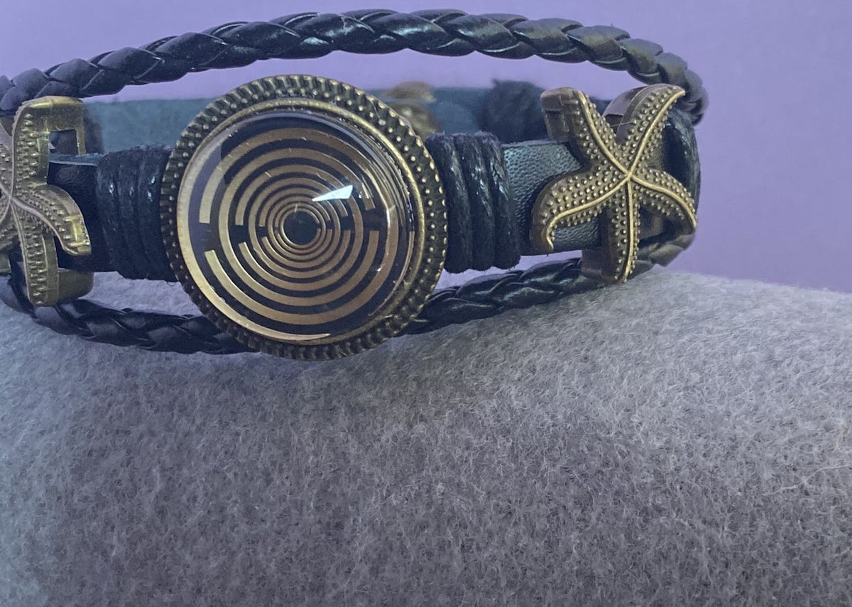 Armband-mehrsträngig, Seestern, schwarz, Symbol Lakhovsky MWO Schwingkreis Oszillator Antenne (stromlos), schwarze Disc gold legiert + Kupfer unterlegt ca. 18 mm hinter Glas, Druckknopf Verschluss